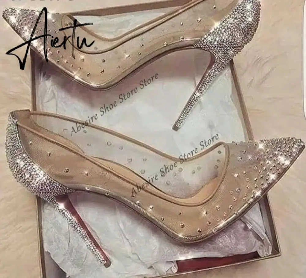 Aiertu New Crystal Pumps Shallow Crystal Stilettos Solid Pumps Beige High Heels Woman Spring Shoes Fashion Party Sexy Big Size