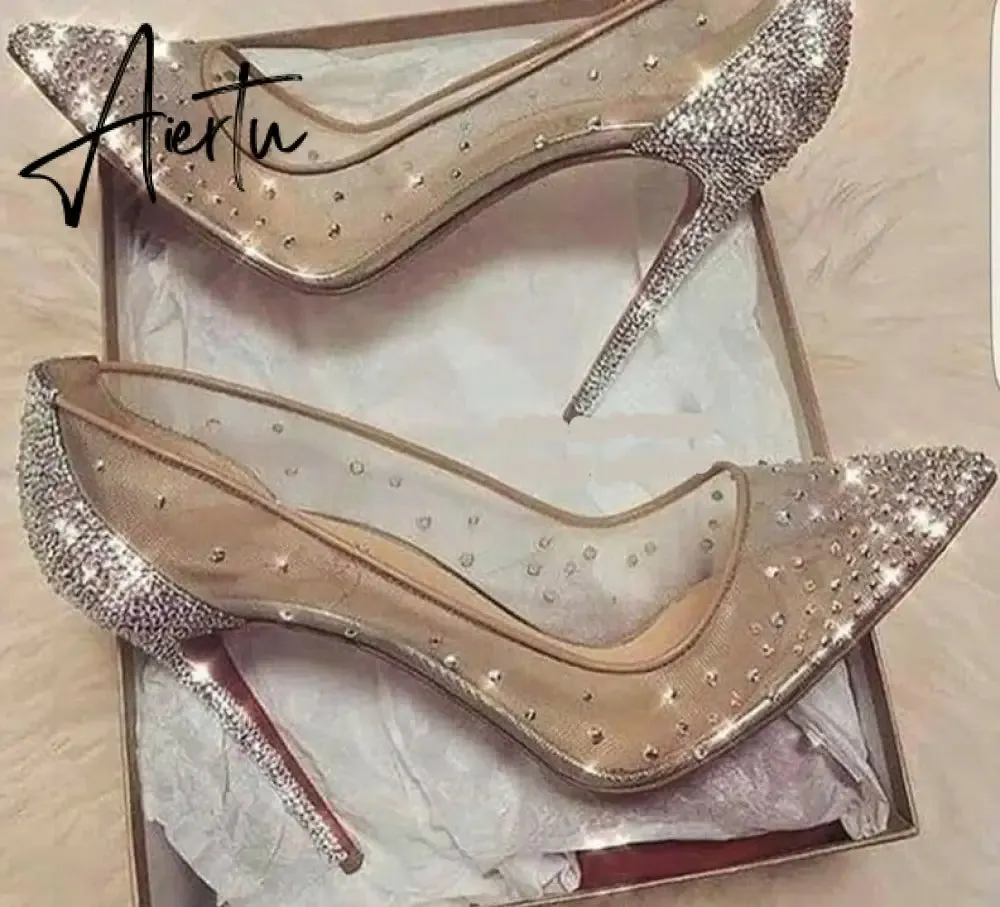 Aiertu New Crystal Pumps Shallow Crystal Stilettos Solid Pumps Beige High Heels Woman Spring Shoes Fashion Party Sexy Big Size