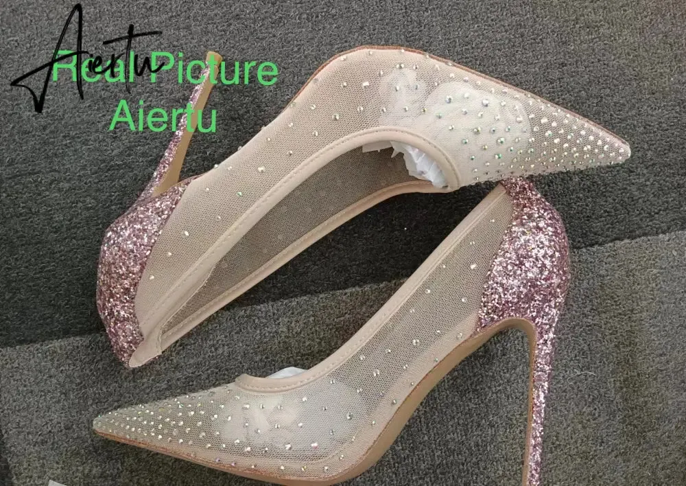 Aiertu New Crystal Pumps Shallow Crystal Stilettos Solid Pumps Beige High Heels Woman Spring Shoes Fashion Party Sexy Big Size