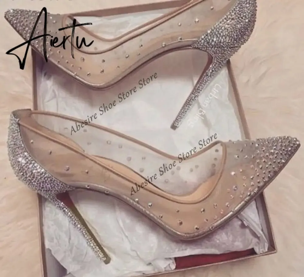 Aiertu New Crystal Pumps Shallow Crystal Stilettos Solid Pumps Beige High Heels Woman Spring Shoes Fashion Party Sexy Big Size