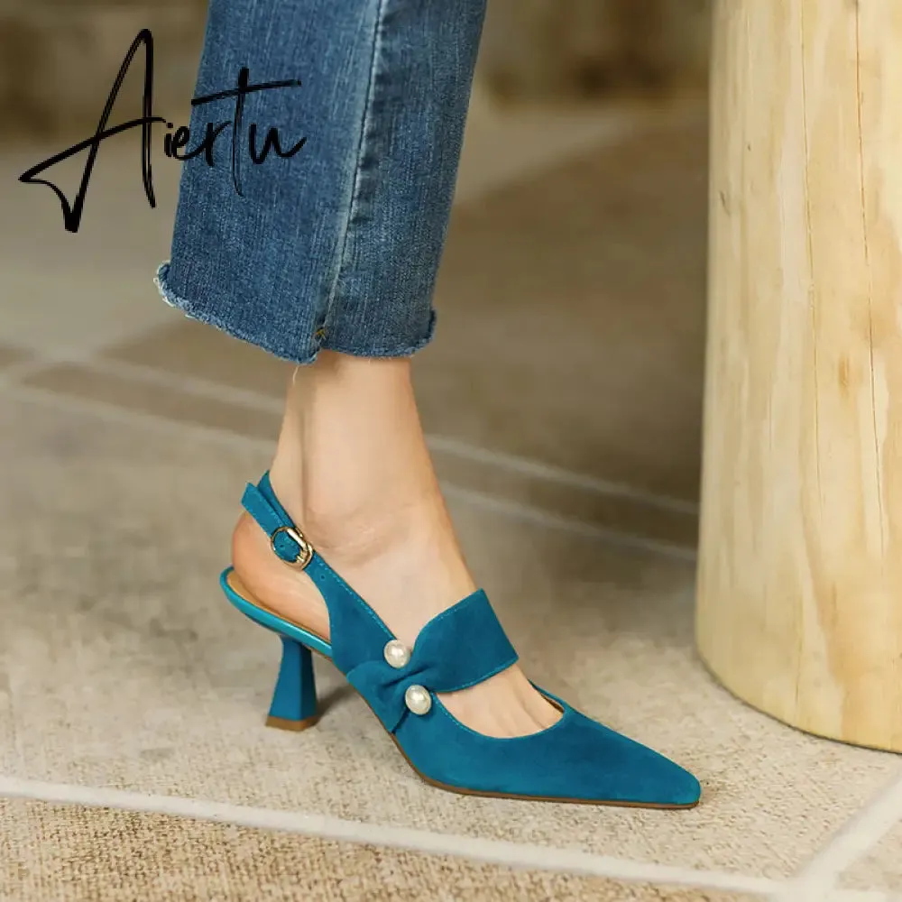 Aiertu Party Prom Women Slingbacks Pumps Summer New Kid Suede Sandals Fashion Pointed Toe High Heels Shoes Woman Heels for Women