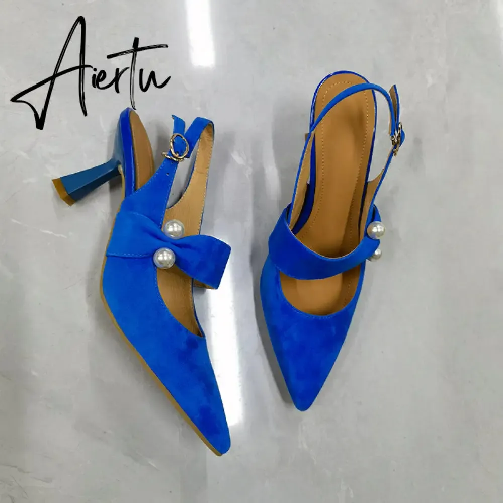 Aiertu Party Prom Women Slingbacks Pumps Summer New Kid Suede Sandals Fashion Pointed Toe High Heels Shoes Woman Heels for Women