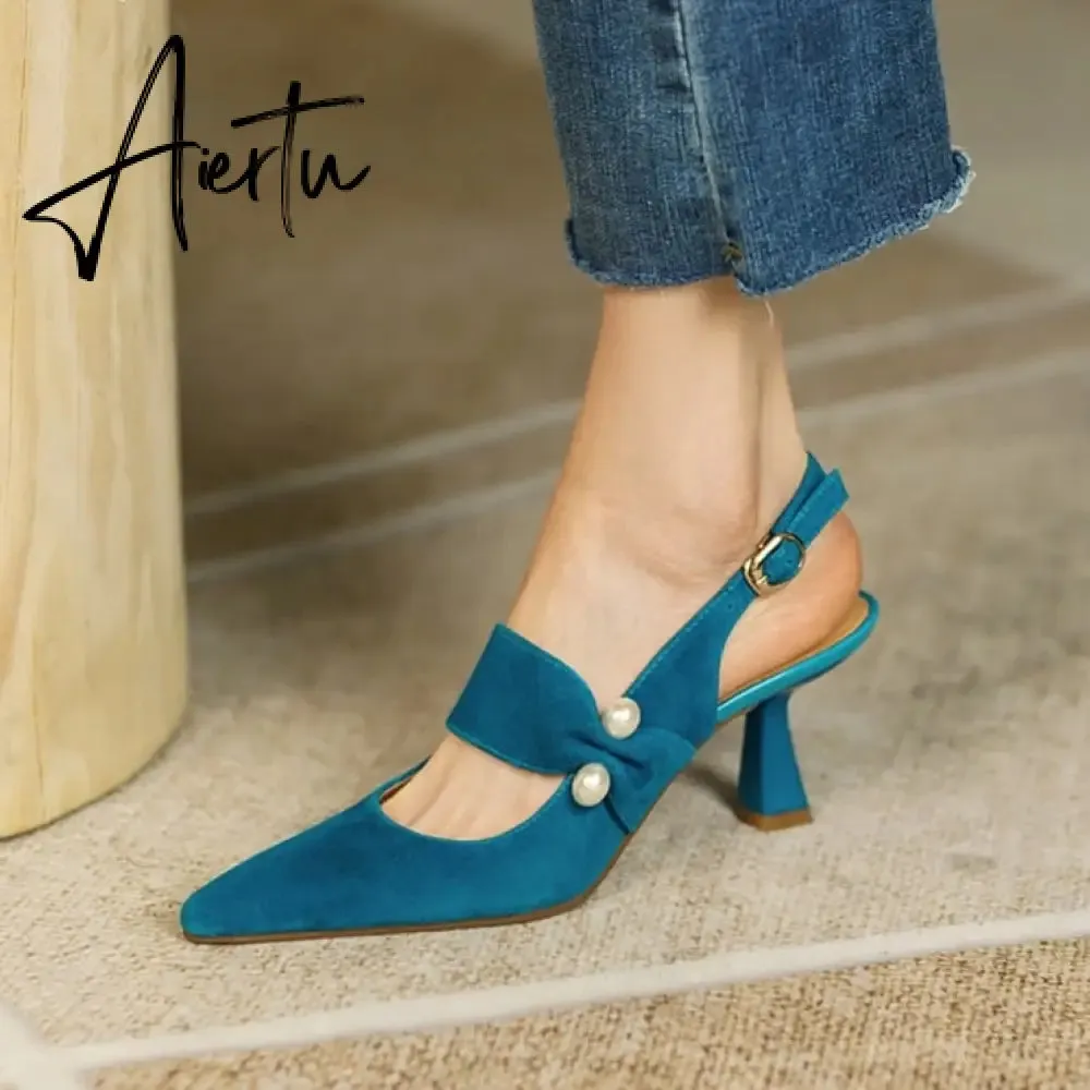 Aiertu Party Prom Women Slingbacks Pumps Summer New Kid Suede Sandals Fashion Pointed Toe High Heels Shoes Woman Heels for Women