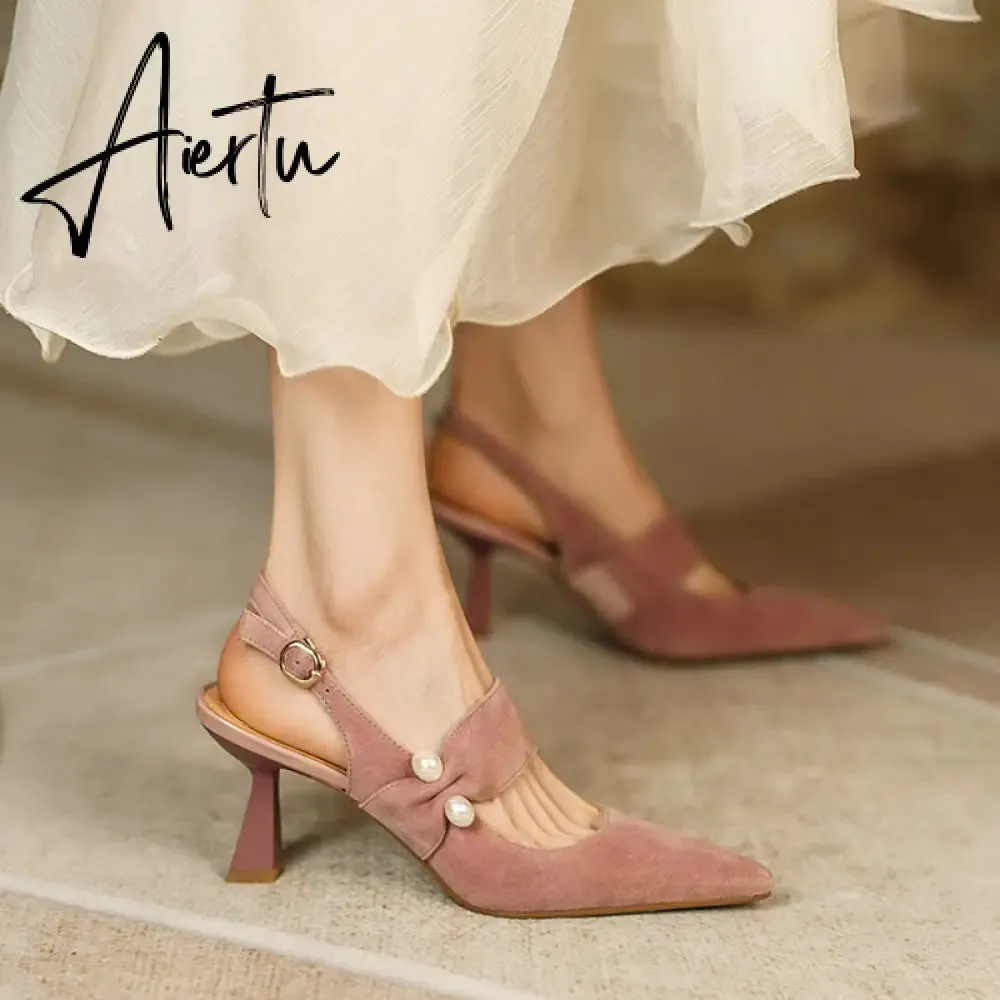 Aiertu Party Prom Women Slingbacks Pumps Summer New Kid Suede Sandals Fashion Pointed Toe High Heels Shoes Woman Heels for Women