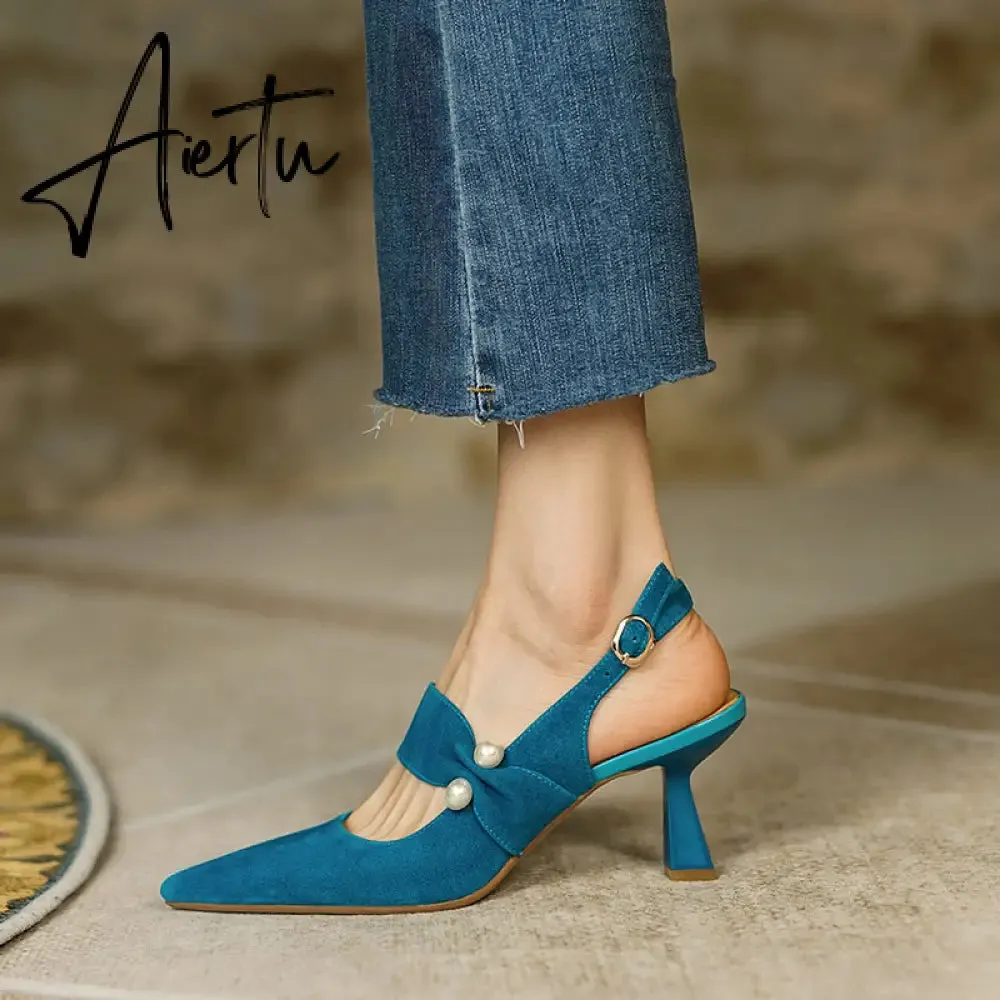 Aiertu Party Prom Women Slingbacks Pumps Summer New Kid Suede Sandals Fashion Pointed Toe High Heels Shoes Woman Heels for Women