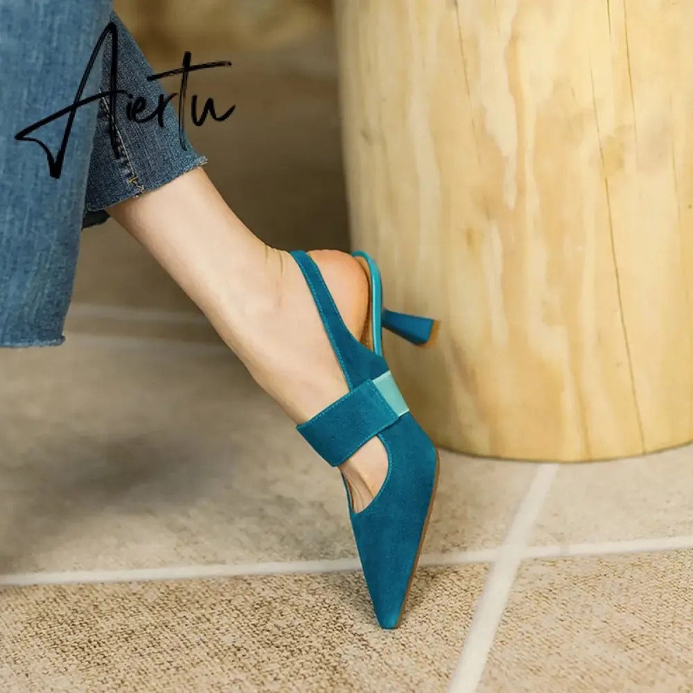 Aiertu Party Prom Women Slingbacks Pumps Summer New Kid Suede Sandals Fashion Pointed Toe High Heels Shoes Woman Heels for Women