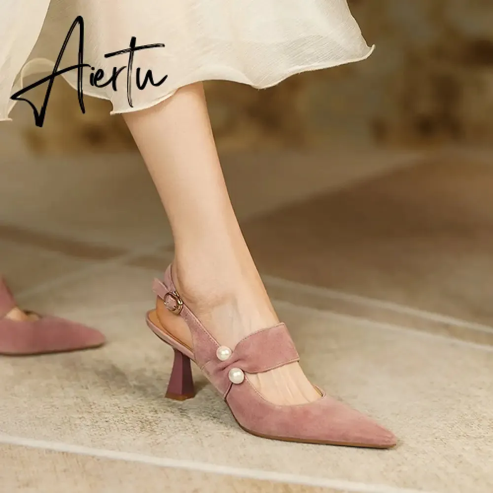 Aiertu Party Prom Women Slingbacks Pumps Summer New Kid Suede Sandals Fashion Pointed Toe High Heels Shoes Woman Heels for Women