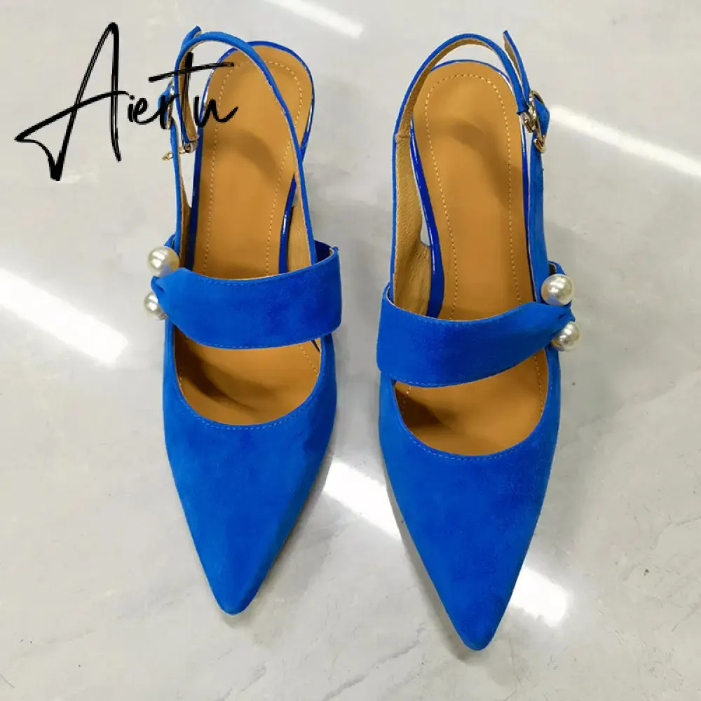 Aiertu Party Prom Women Slingbacks Pumps Summer New Kid Suede Sandals Fashion Pointed Toe High Heels Shoes Woman Heels for Women