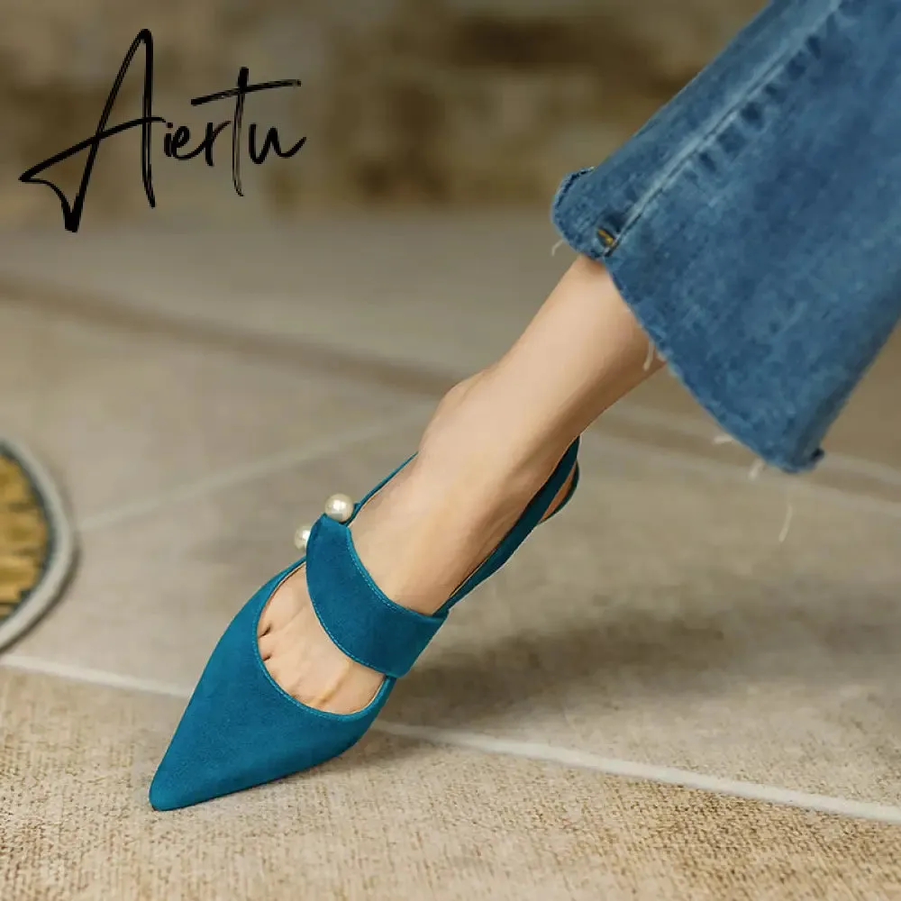 Aiertu Party Prom Women Slingbacks Pumps Summer New Kid Suede Sandals Fashion Pointed Toe High Heels Shoes Woman Heels for Women