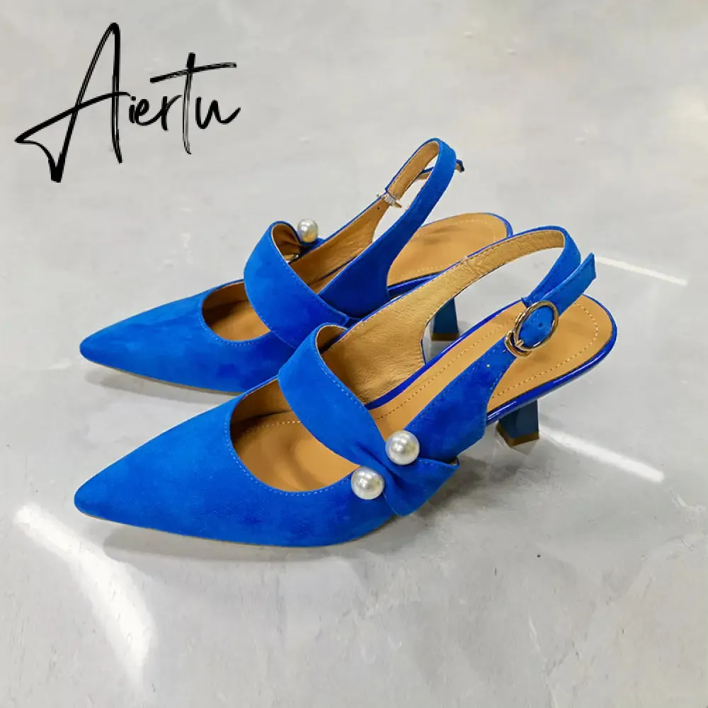 Aiertu Party Prom Women Slingbacks Pumps Summer New Kid Suede Sandals Fashion Pointed Toe High Heels Shoes Woman Heels for Women