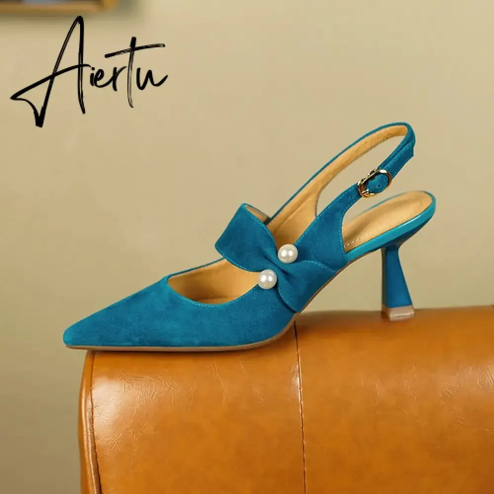 Aiertu Party Prom Women Slingbacks Pumps Summer New Kid Suede Sandals Fashion Pointed Toe High Heels Shoes Woman Heels for Women