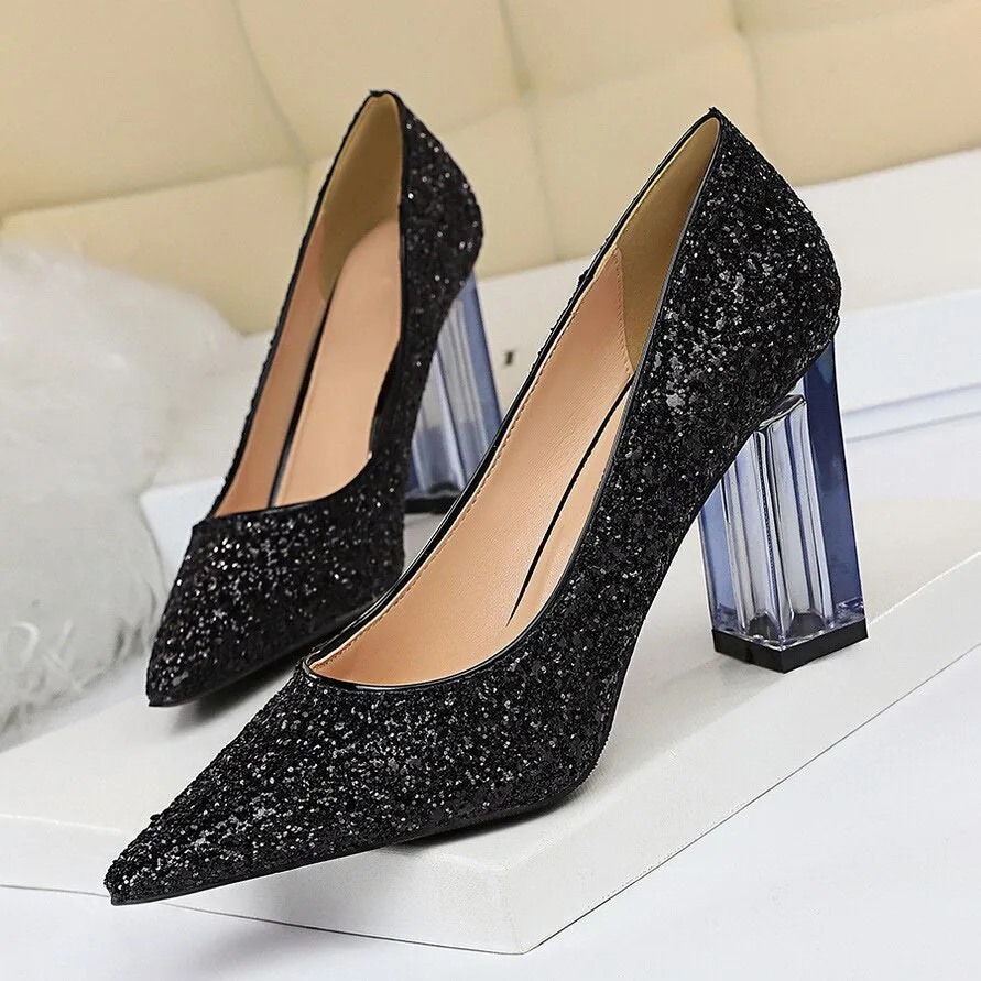 Amozae-2024 Women 10cm High Heels Glitter Scarpins Gold Silver Block Clear Heels Pumps Lady Wedding Bridal Transparent Chunky Shoes