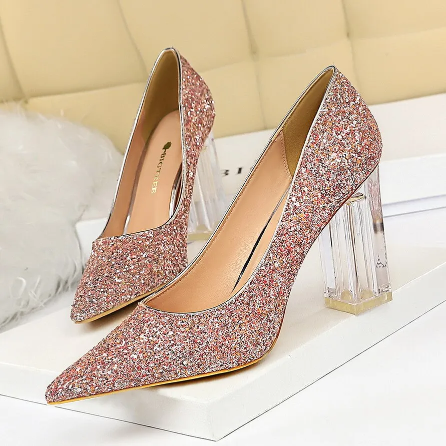 Amozae-2024 Women 10cm High Heels Glitter Scarpins Gold Silver Block Clear Heels Pumps Lady Wedding Bridal Transparent Chunky Shoes