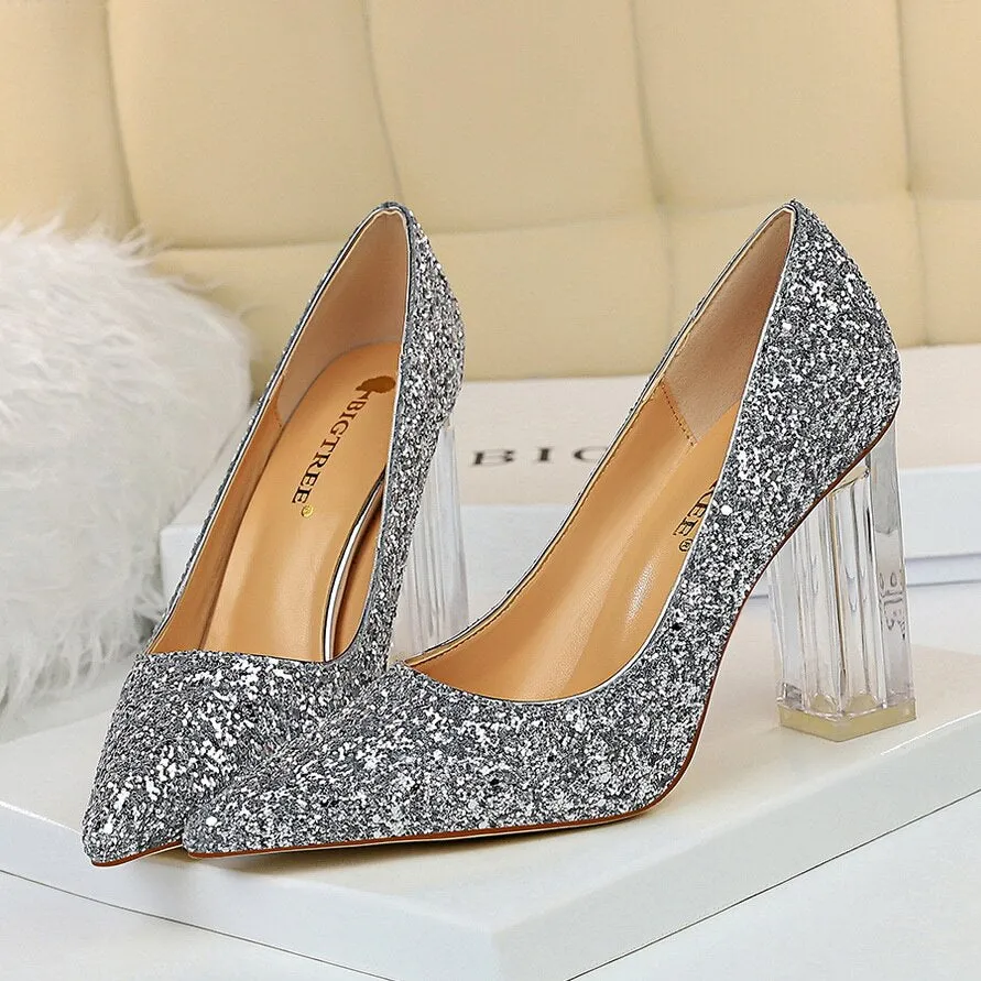 Amozae-2024 Women 10cm High Heels Glitter Scarpins Gold Silver Block Clear Heels Pumps Lady Wedding Bridal Transparent Chunky Shoes