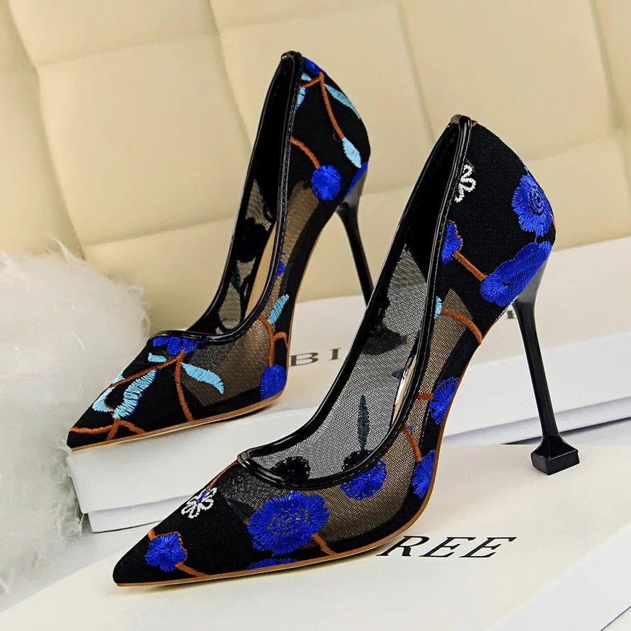 Amozae-2024 Women 10cm High Heels   Pointed Toe Blue Heels Pumps Valentine Embroider Air Mesh Scarpins Wedding Bridal Quality Shoes