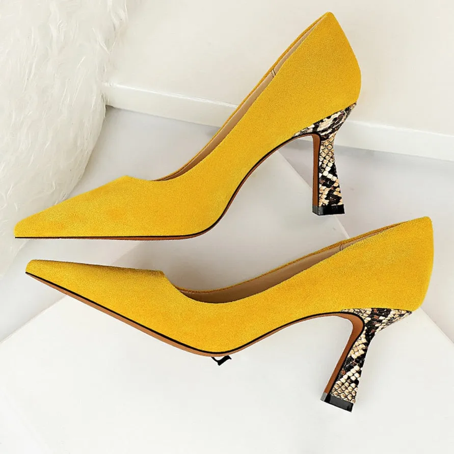 Amozae-2024 Women 7.5cm High Heels Shoes Office Yellow Snake Print Snakeskin Low Heels Scarpins Pumps Serpentine Plus Size 34-43 Shoes