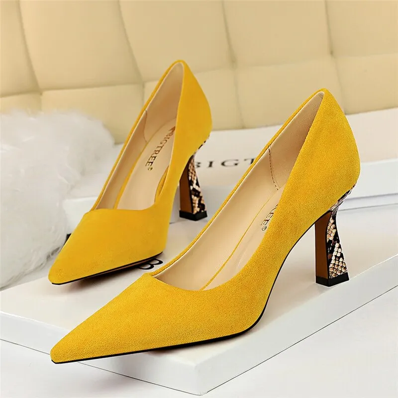 Amozae-2024 Women 7.5cm High Heels Shoes Office Yellow Snake Print Snakeskin Low Heels Scarpins Pumps Serpentine Plus Size 34-43 Shoes