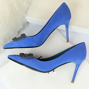 Amozae-2024 Women 8.5cm High Heels Blue Pumps Pointed Toe Elegant Lady Shoes Crystal Scarpins Yellow Prom Jeans Wedding Bridal Heels