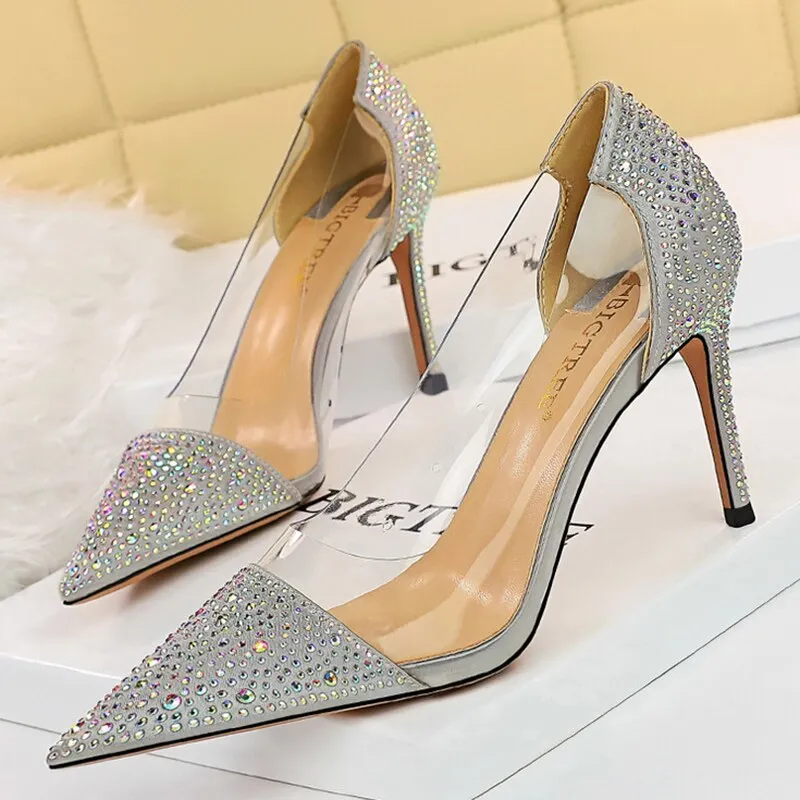 Amozae-2024 Women 8.5cm High Heels Glitter Crystal Pumps Lady Transparent Heels Female Wedding Bridal Stripper Designer Green PVC Shoes