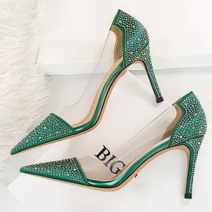 Amozae-2024 Women 8.5cm High Heels Glitter Crystal Pumps Lady Transparent Heels Female Wedding Bridal Stripper Designer Green PVC Shoes