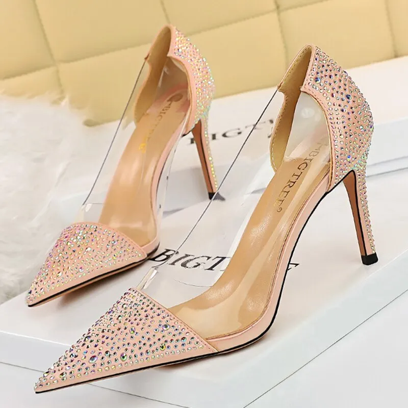 Amozae-2024 Women 8.5cm High Heels Glitter Crystal Pumps Lady Transparent Heels Female Wedding Bridal Stripper Designer Green PVC Shoes