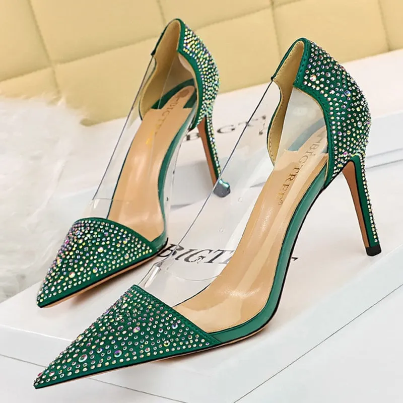 Amozae-2024 Women 8.5cm High Heels Glitter Crystal Pumps Lady Transparent Heels Female Wedding Bridal Stripper Designer Green PVC Shoes