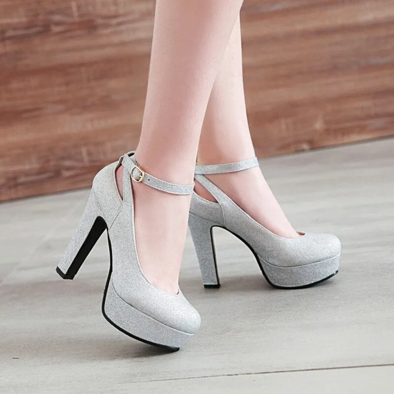 Amozae Ankle Strap Platform Women's High Heels Shoes   Luxury Silver Black Gold Heels Pumps Fashion Office Party Wedding Shoes Woman