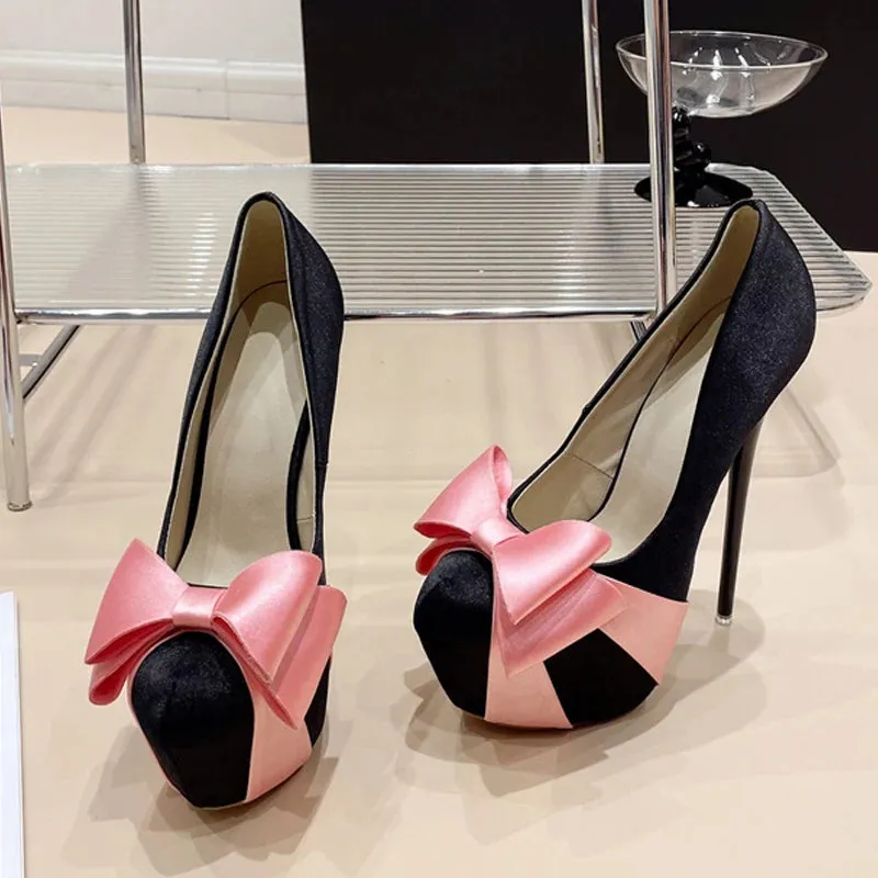 Amozae- Fashion Design Bowknot Round Toe Platform Pumps Women Wedding Banquet Shoes Sexy Stripper Pole Dance High Heels Black Pink