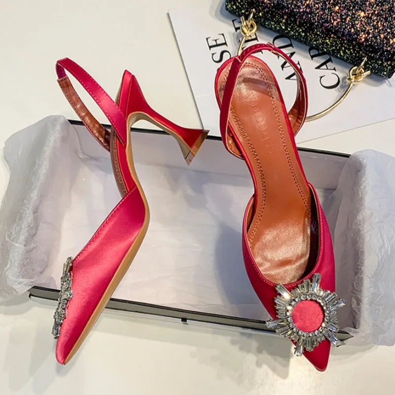 Amozae Rose Red Women Pumps Silk Satin Pointed Toe Rhinestone Crystal High Heels Woman Wedding Dress Pumps On Cup Heeled Mules