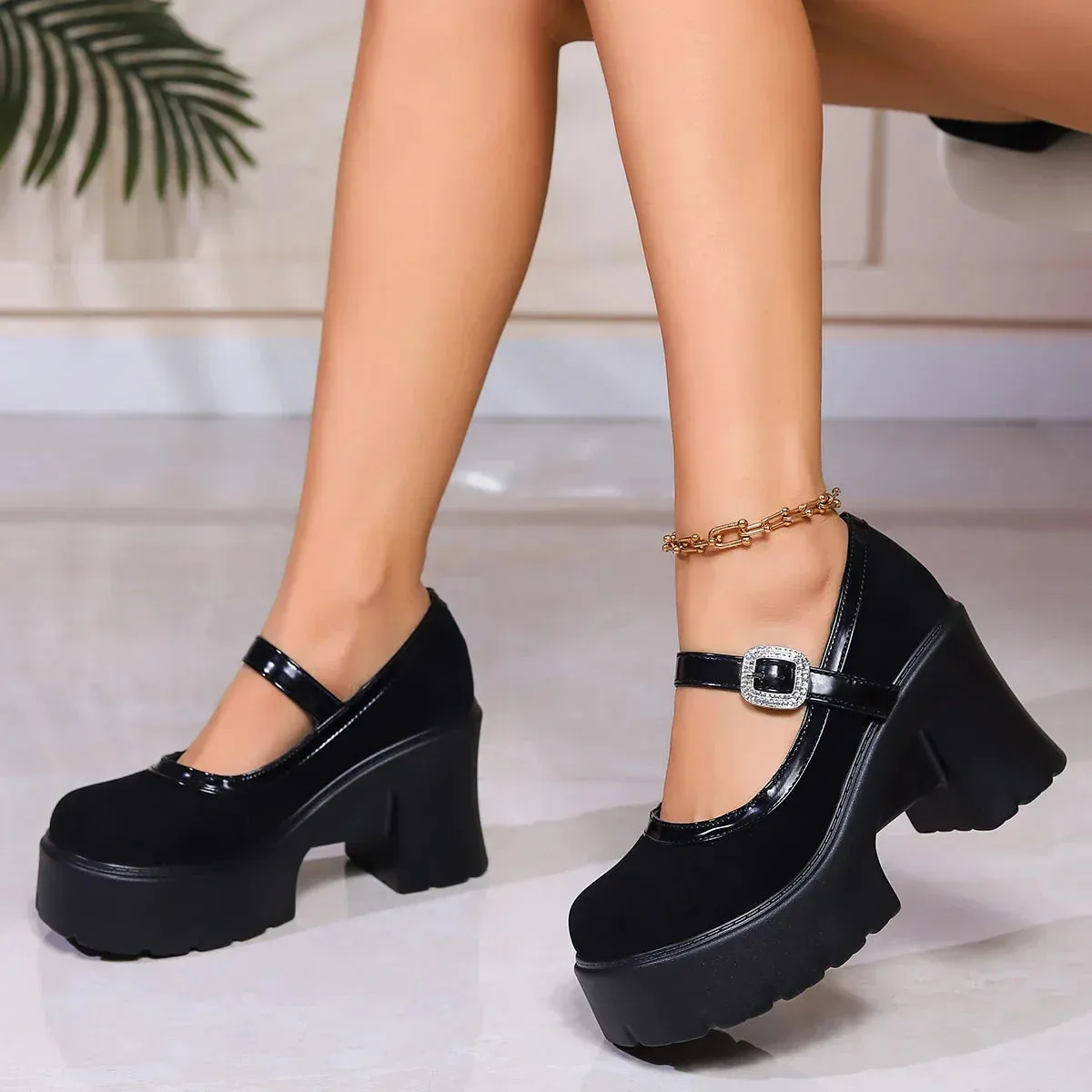 AMOZAE- - Women's Crystal Chunky Heeled Mary Jane Pumps Black High Platform Heeled