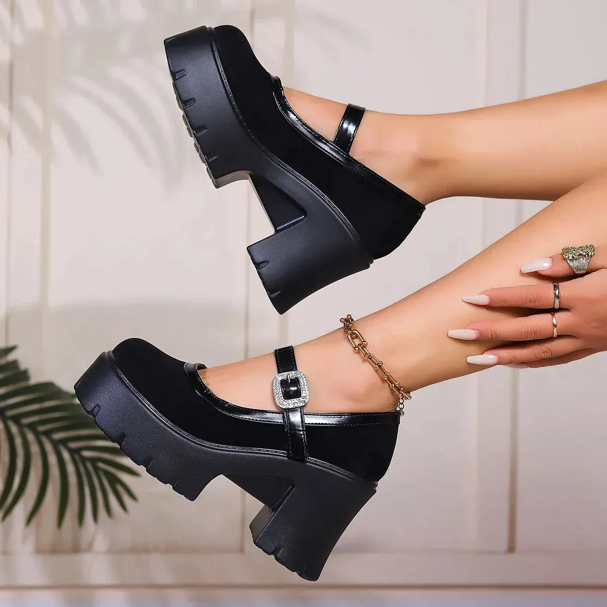 AMOZAE- - Women's Crystal Chunky Heeled Mary Jane Pumps Black High Platform Heeled