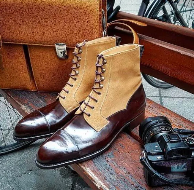 Ankle High Burgundy & Beige Cap Toe Leather Suede Boots