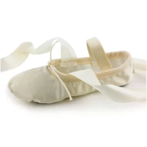 Ballet Shoes for girls with Ribbons, Off white Silky Satin with Leather Split Sole