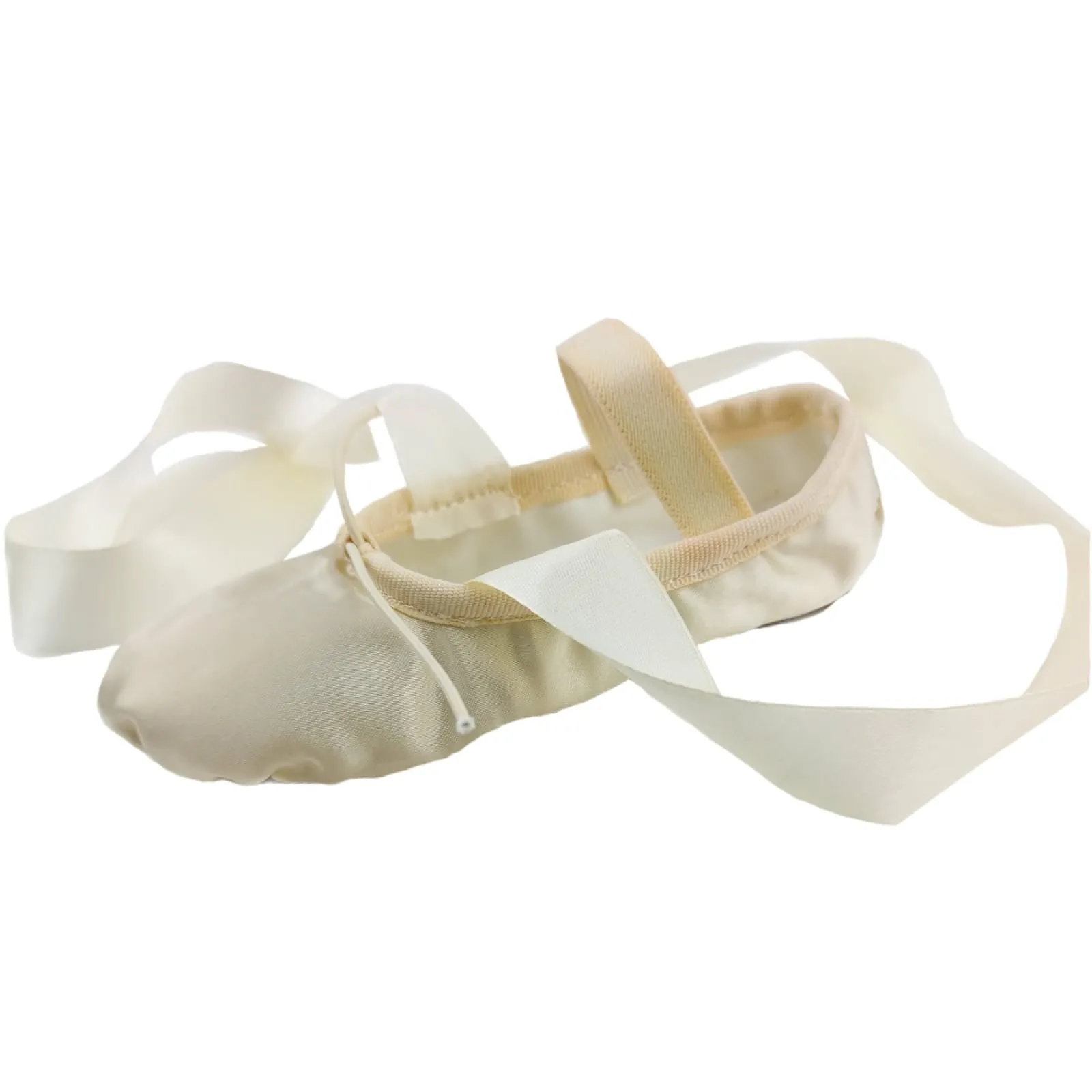 Ballet Shoes for girls with Ribbons, Off white Silky Satin with Leather Split Sole