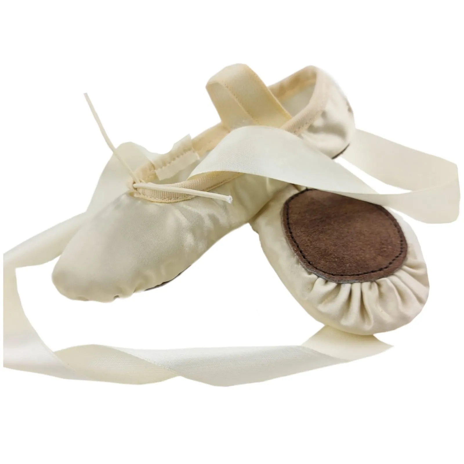 Ballet Shoes for girls with Ribbons, Off white Silky Satin with Leather Split Sole