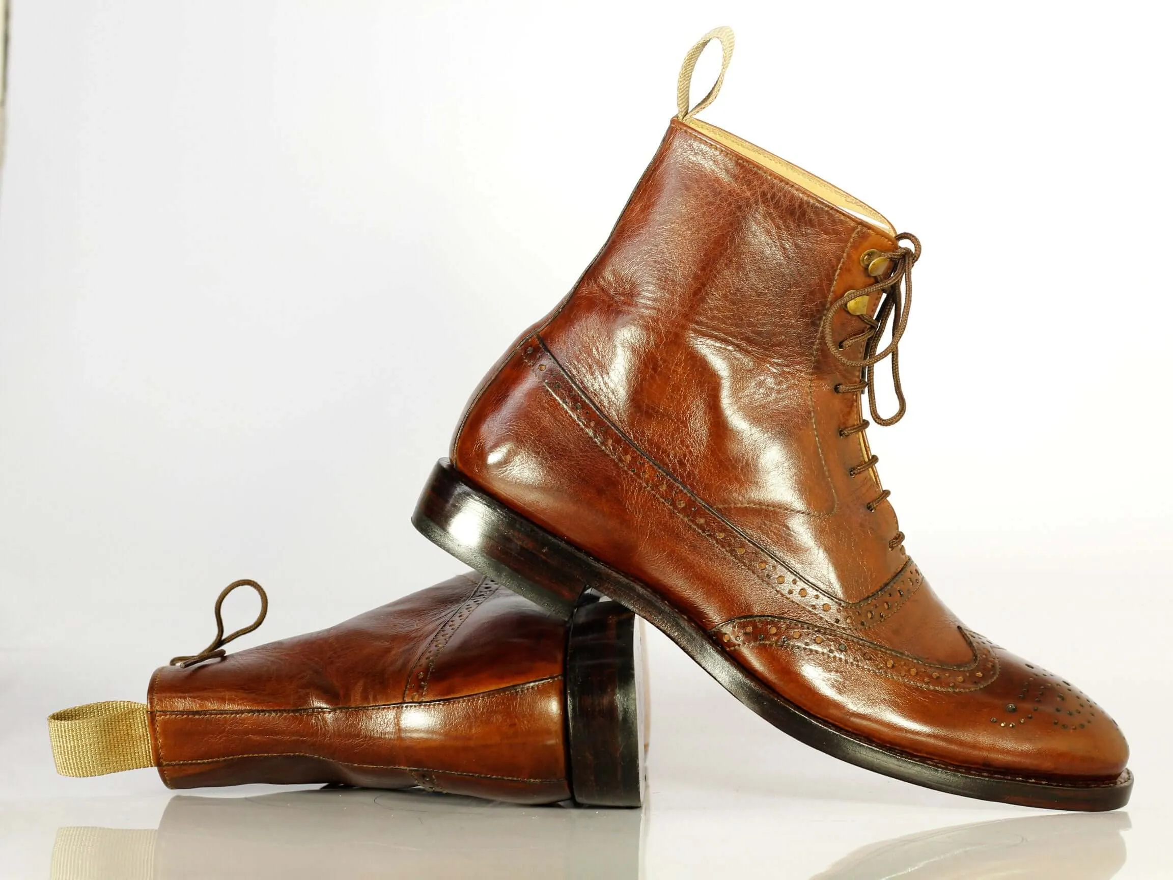 Bespoke Brown Leather Wing Tip Lace Up Boots for Men