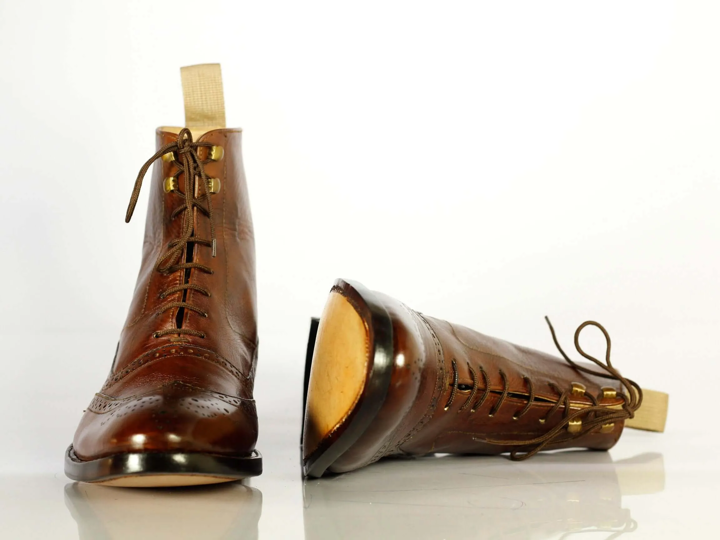 Bespoke Brown Leather Wing Tip Lace Up Boots for Men