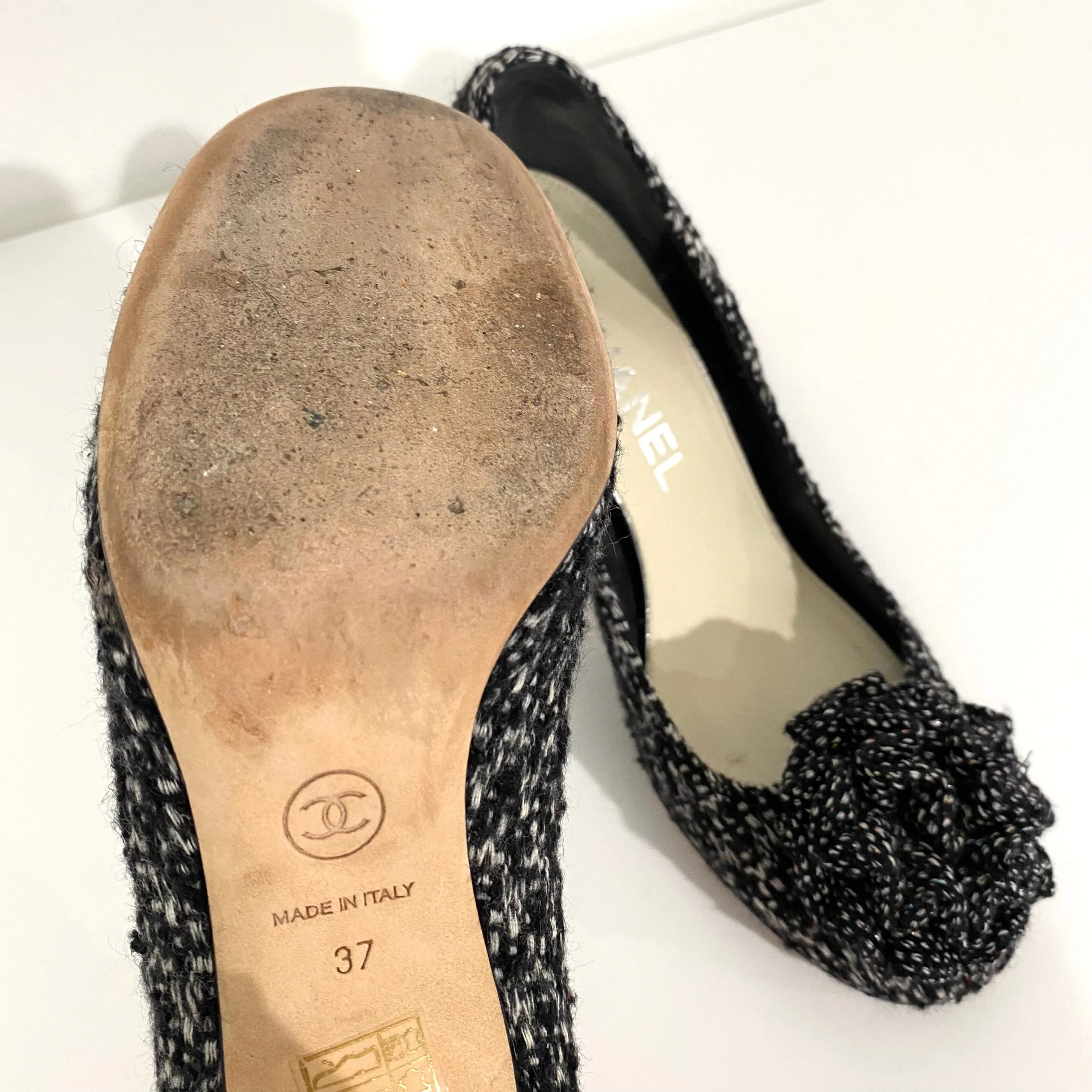 Chanel Tweed Camellia Heels