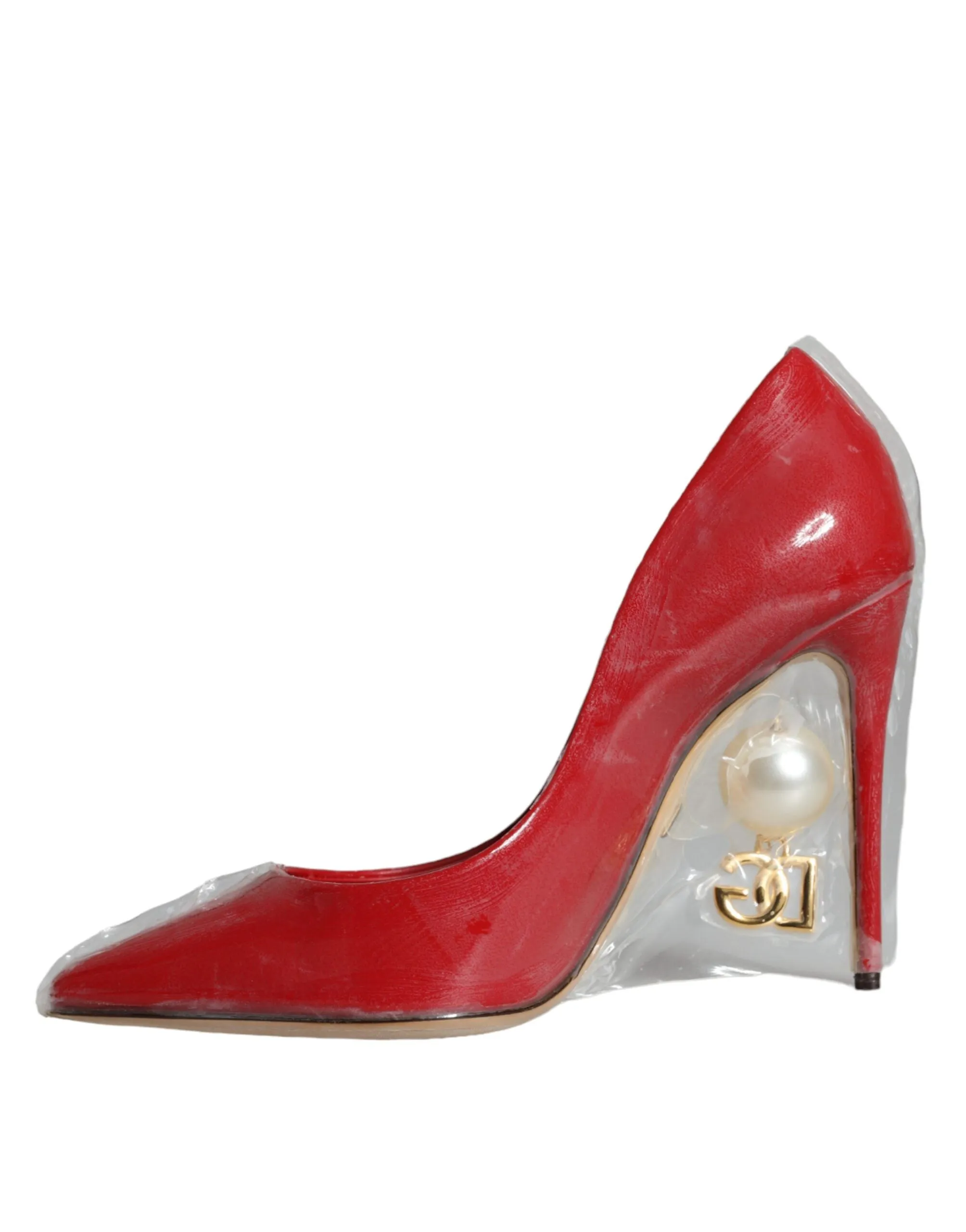 Dolce & Gabbana Red Patent Leather Faux Pearl Heels Pumps Shoes