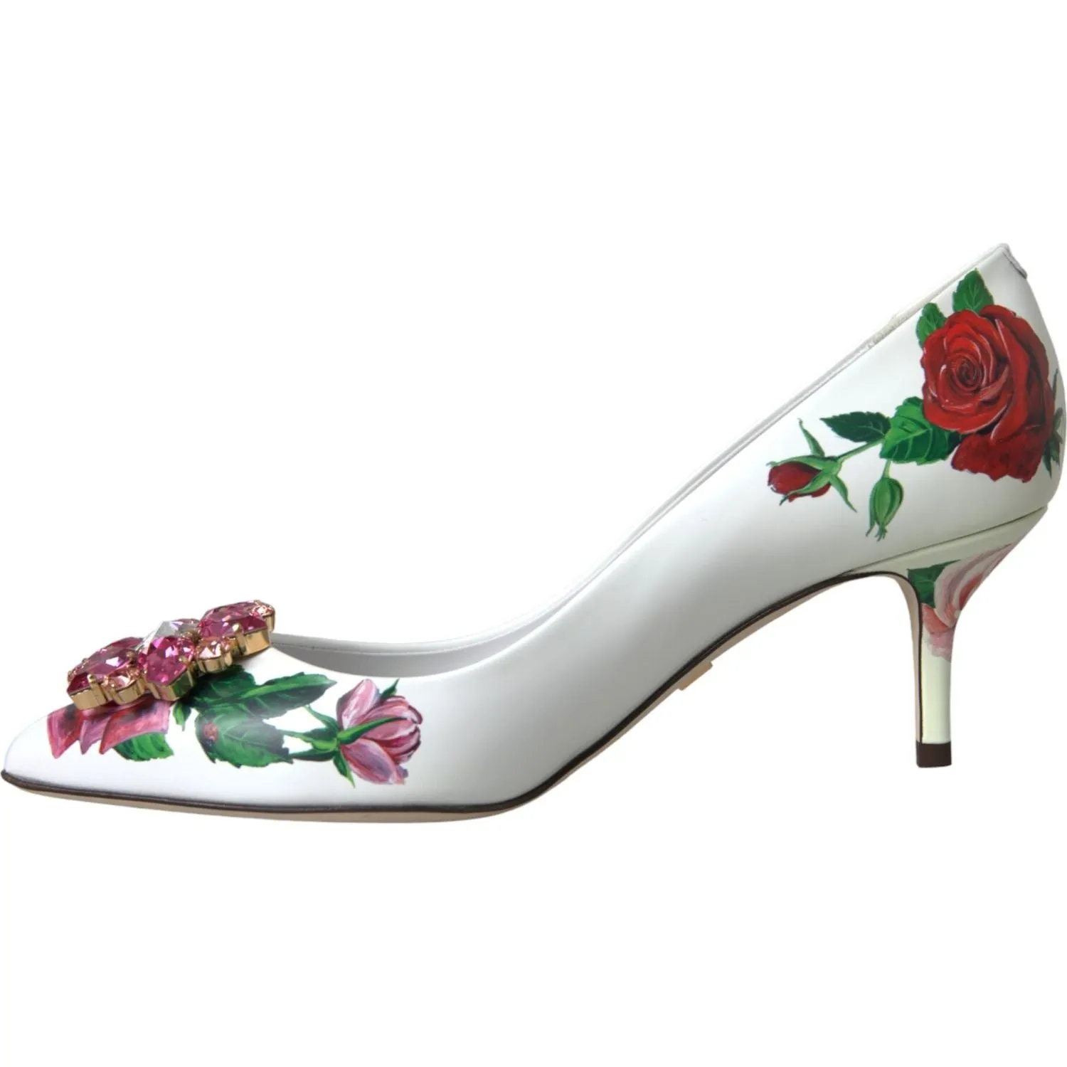 Dolce & Gabbana White Leather Roses Crystal Bellucci Pumps Shoes