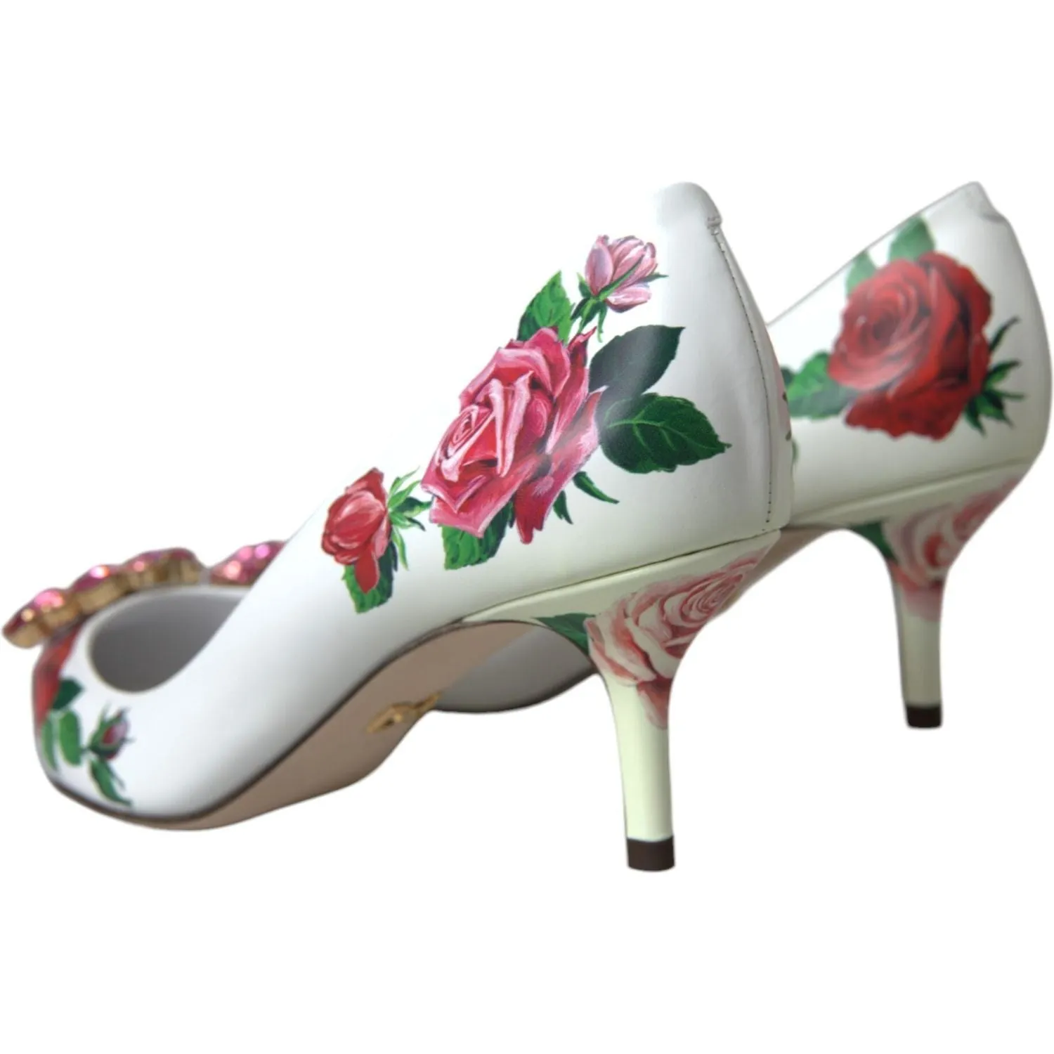 Dolce & Gabbana White Leather Roses Crystal Bellucci Pumps Shoes