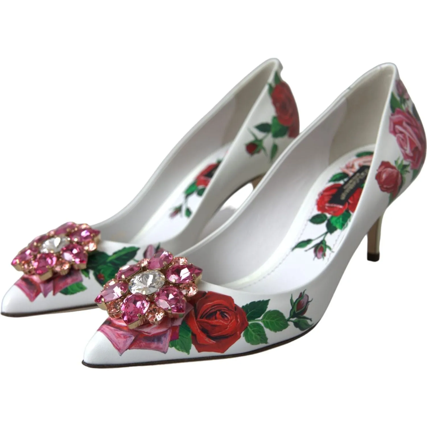 Dolce & Gabbana White Leather Roses Crystal Bellucci Pumps Shoes