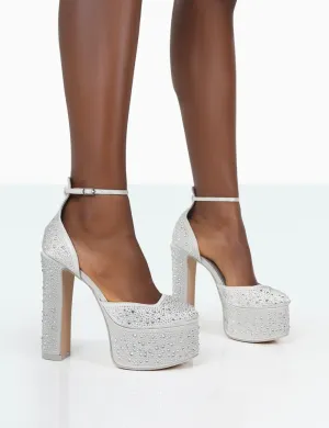 Effie Silver Sparkly Diamante Block Heel Platform Court High Heels