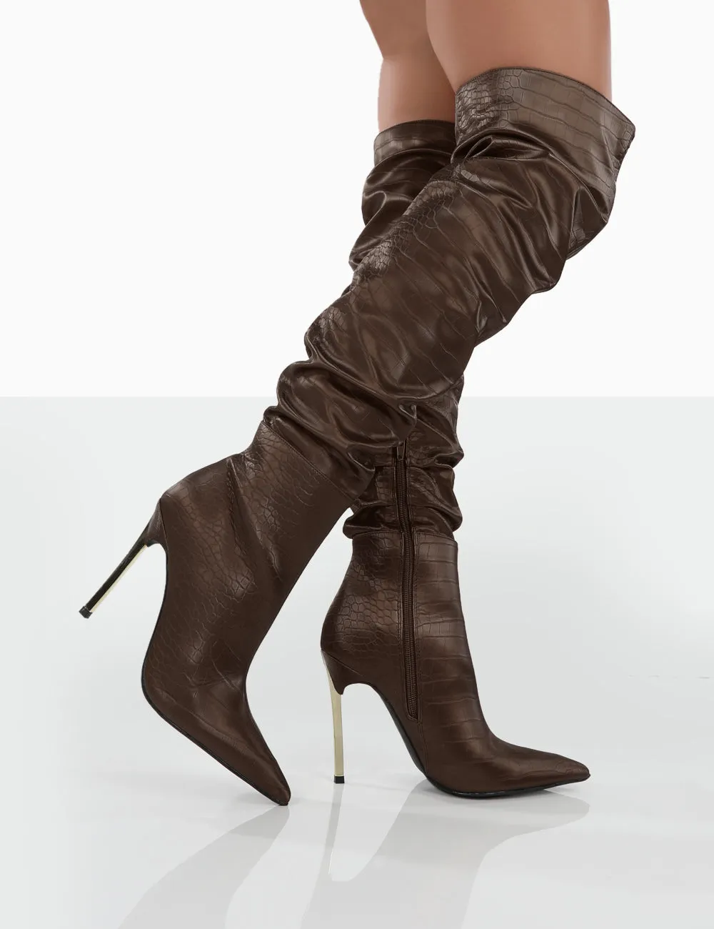 Energy Choc Croc PU Pointed Toe Stiletto Over The Knee Heeled Boots