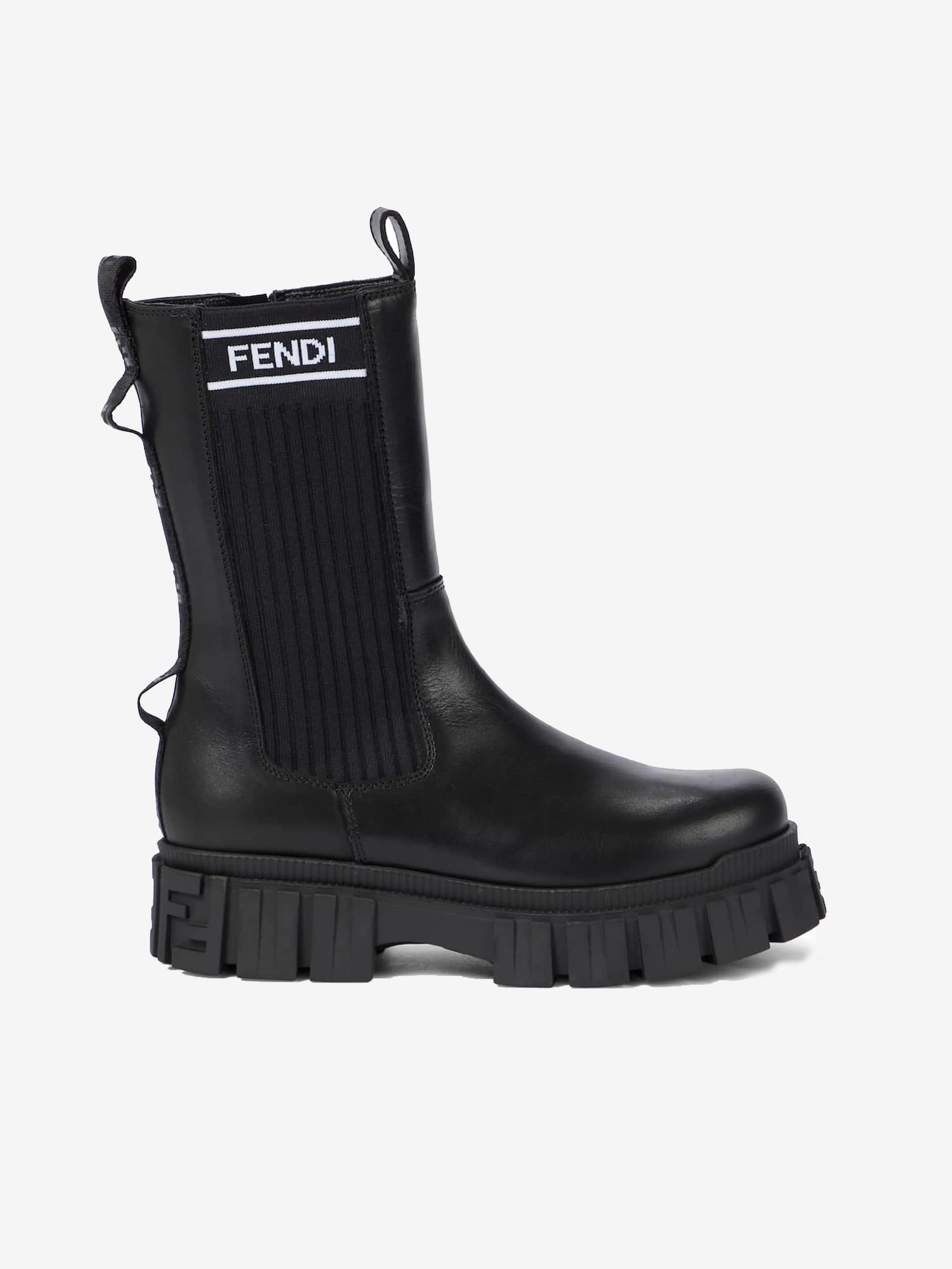 Fendi Girls Leather Chunky Logo Biker Boots