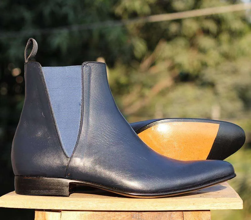 Handmade Navy Blue Leather Chelsea Ankle Boots