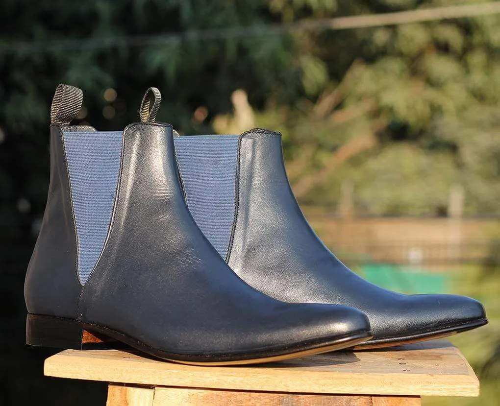 Handmade Navy Blue Leather Chelsea Ankle Boots