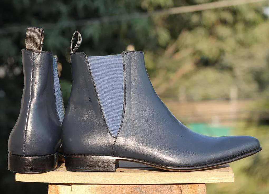 Handmade Navy Blue Leather Chelsea Ankle Boots