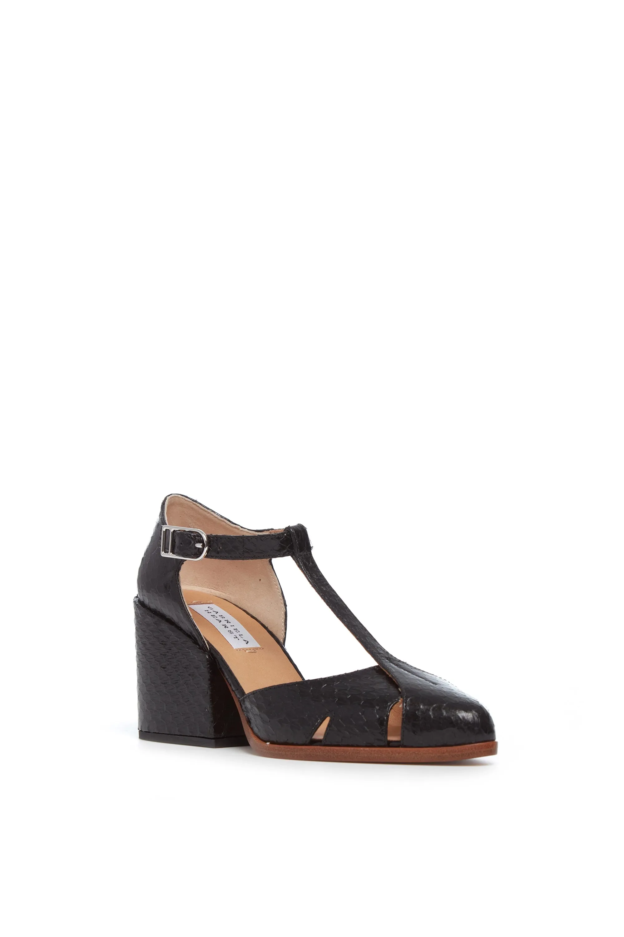 Hawes T-Strap Heel in Black Snakeskin