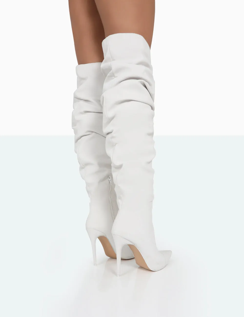 Lariza Off White Faux Suede Pointed Toe Stiletto Over the Knee Boots